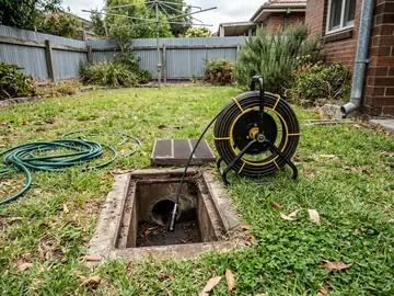 Drain inspection camera beside an open stormwater pit in a backyard