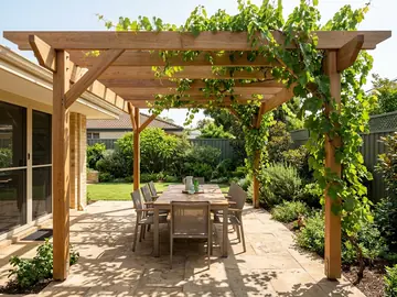 Timber pergola with a climbing vine over a paved alfresco area