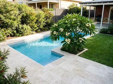 Pool surrounded by pale travertine paving, a frangipani and soft lawn